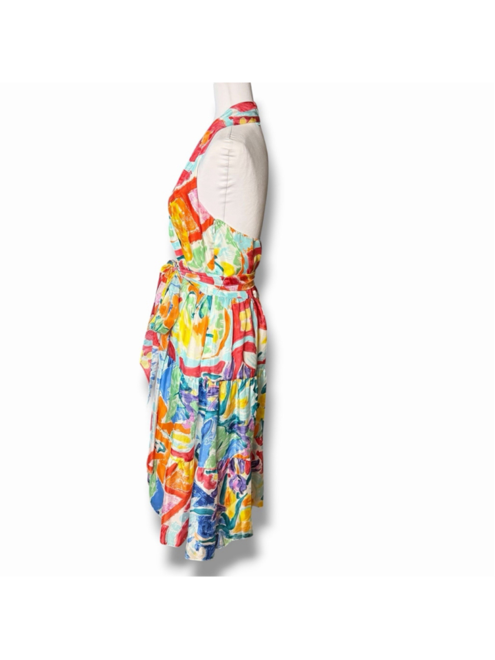 LRL Ralph Lauren 100% Silk Halter Dress 10 Watercolor Floral Midi Tie Waist EUC - Picture 3 of 10